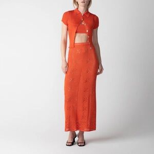 Calle Del Mar Pointelle Crochet Knit Mesh Midi Skirt Orange Tomato